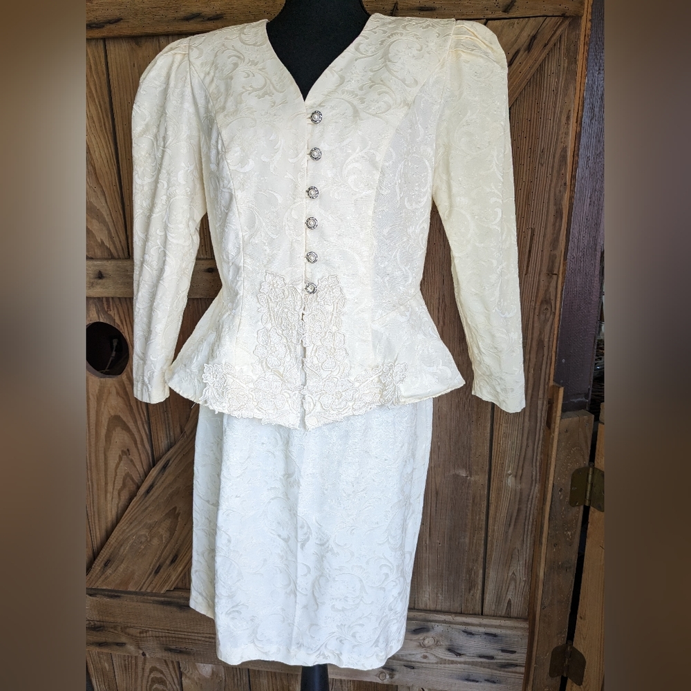 Vintage David Rose Women's Blouse / Skirt Set long sleeves Creme Size 12 S-1